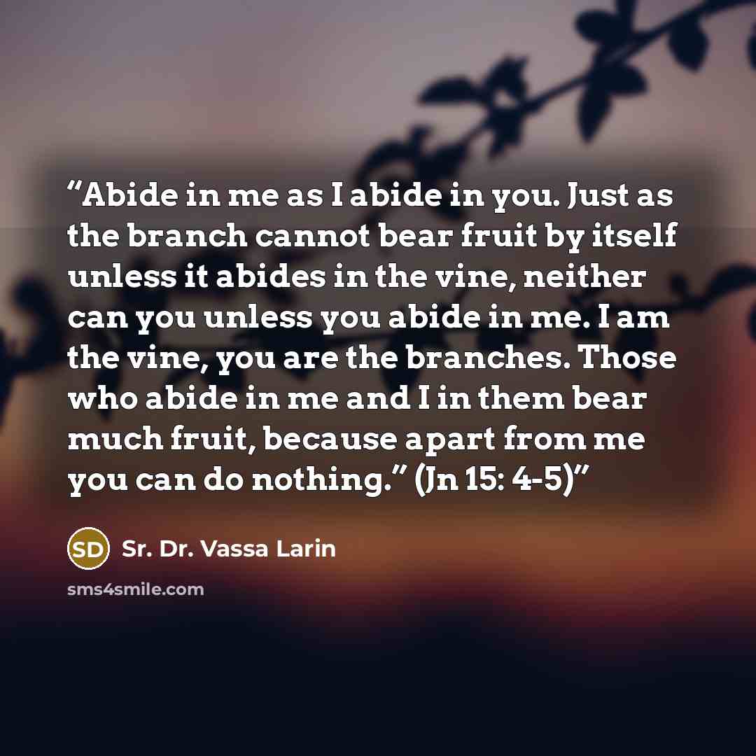 “Abide in me as I abide in you. Just as the branch cannot bear fruit by itself unless it abides in the vine, neither can you unless you abide in me. I am the vine, you are the branches. Those who abide in me and I in them bear much fruit, because apart from me you can do nothing.” (Jn 15: 4-5)” quote by Sr. Dr. Vassa Larin