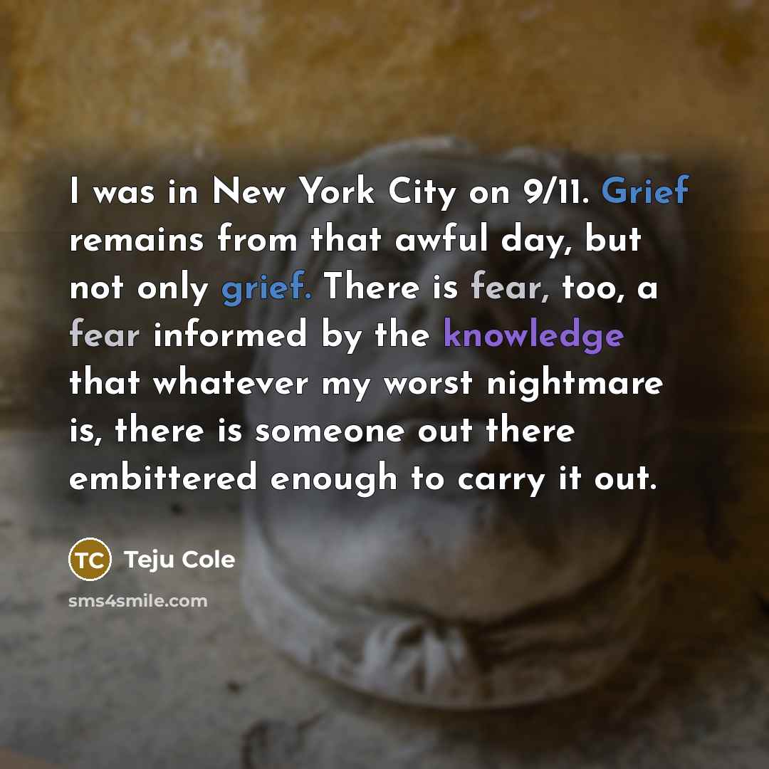“I was in New York City on 9/11. Grief remains…” quote by Teju Cole