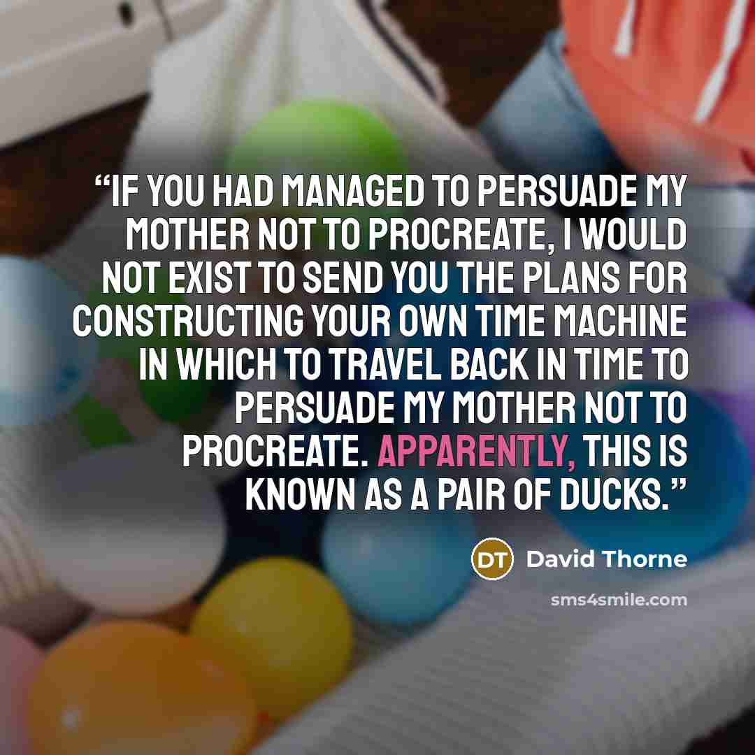 “If you had managed to persuade my mother not to procreate, I would not exist to send you the plans for constructing your own time machine in which to travel back in time to persuade my mother not to procreate. Apparently, this is known as a pair of ducks.” quote by David Thorne