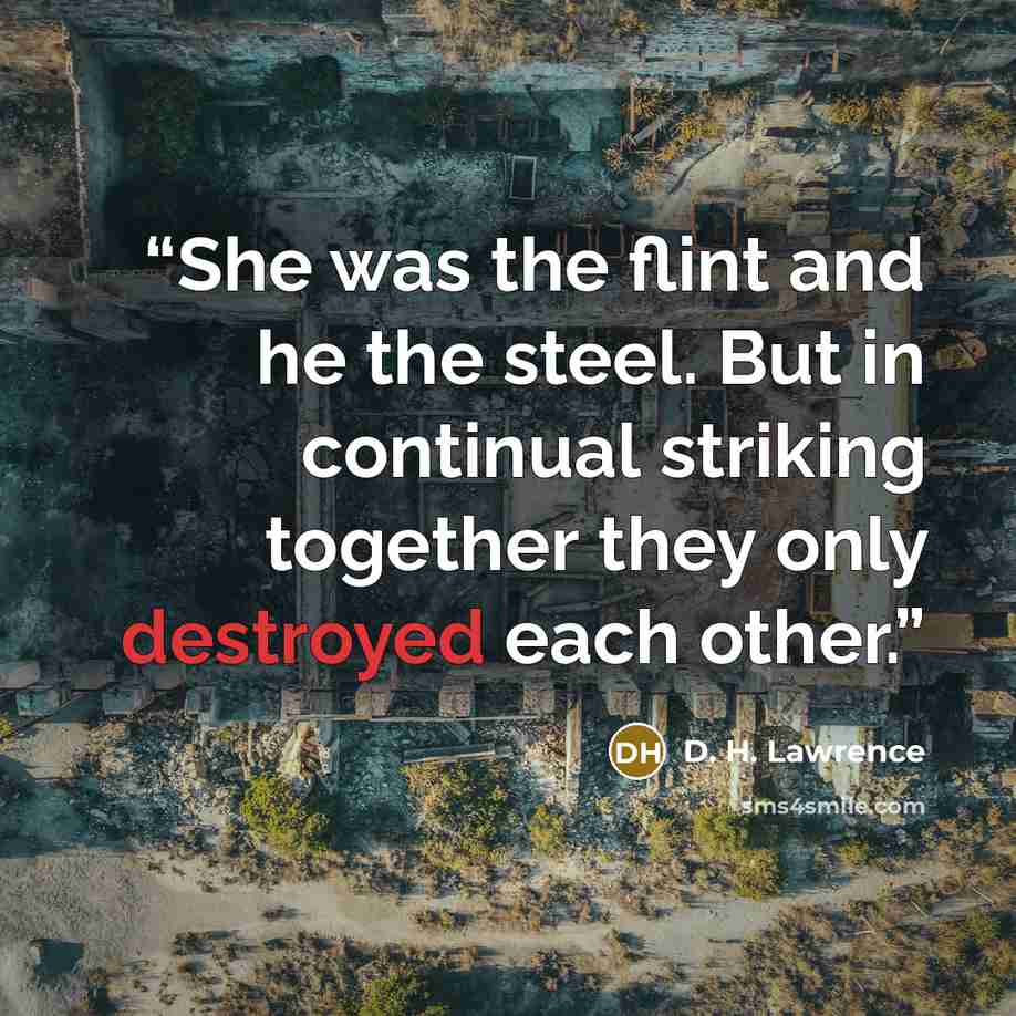 “She was the flint and he the steel. But in continual striking together they only destroyed each other.” quote by D. H. Lawrence