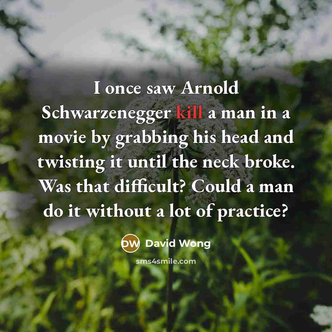 “I once saw Arnold Schwarzenegger kill a man in a movie by grabbing his head and twisting it until the neck broke. Was that difficult? Could a man do it without a lot of practice?” quote by David Wong