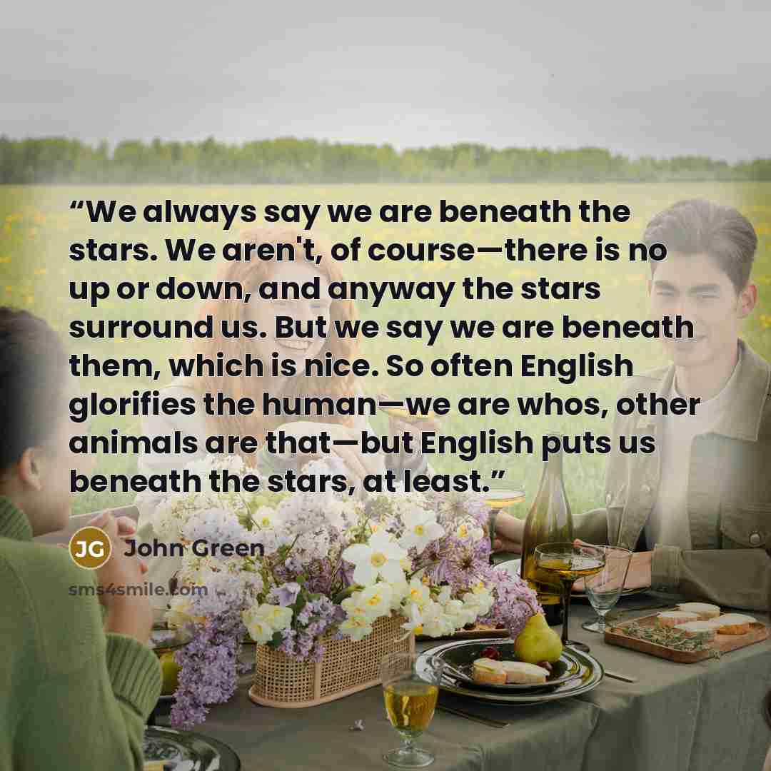 “We always say we are beneath the stars. We aren't, of course—there is no up or down, and anyway the stars surround us. But we say we are beneath them, which is nice. So often English glorifies the human—we are whos, other animals are that—but English puts us beneath the stars, at least.” quote by John Green