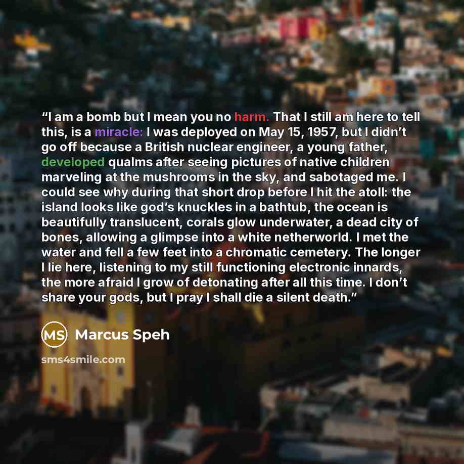“I am a bomb but I mean you no harm. That I still am here to tell this, is a miracle: I was deployed on May 15, 1957, but I didn’t go off because a British nuclear engineer, a young father, developed qualms after seeing pictures of native children marveling at the mushrooms in the sky, and…” quote by Marcus Speh