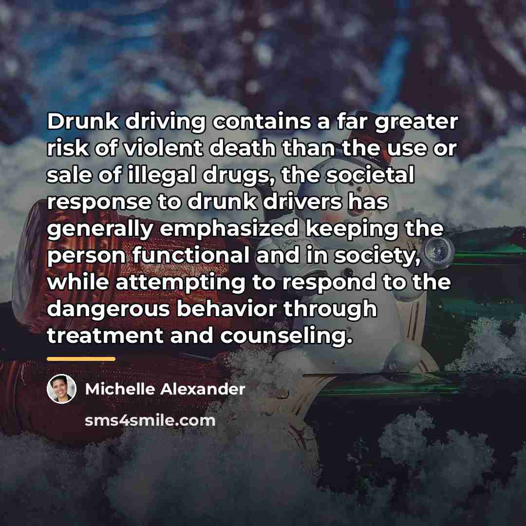 “Drunk driving contains a far greater risk of violent death…” quote by Michelle Alexander
