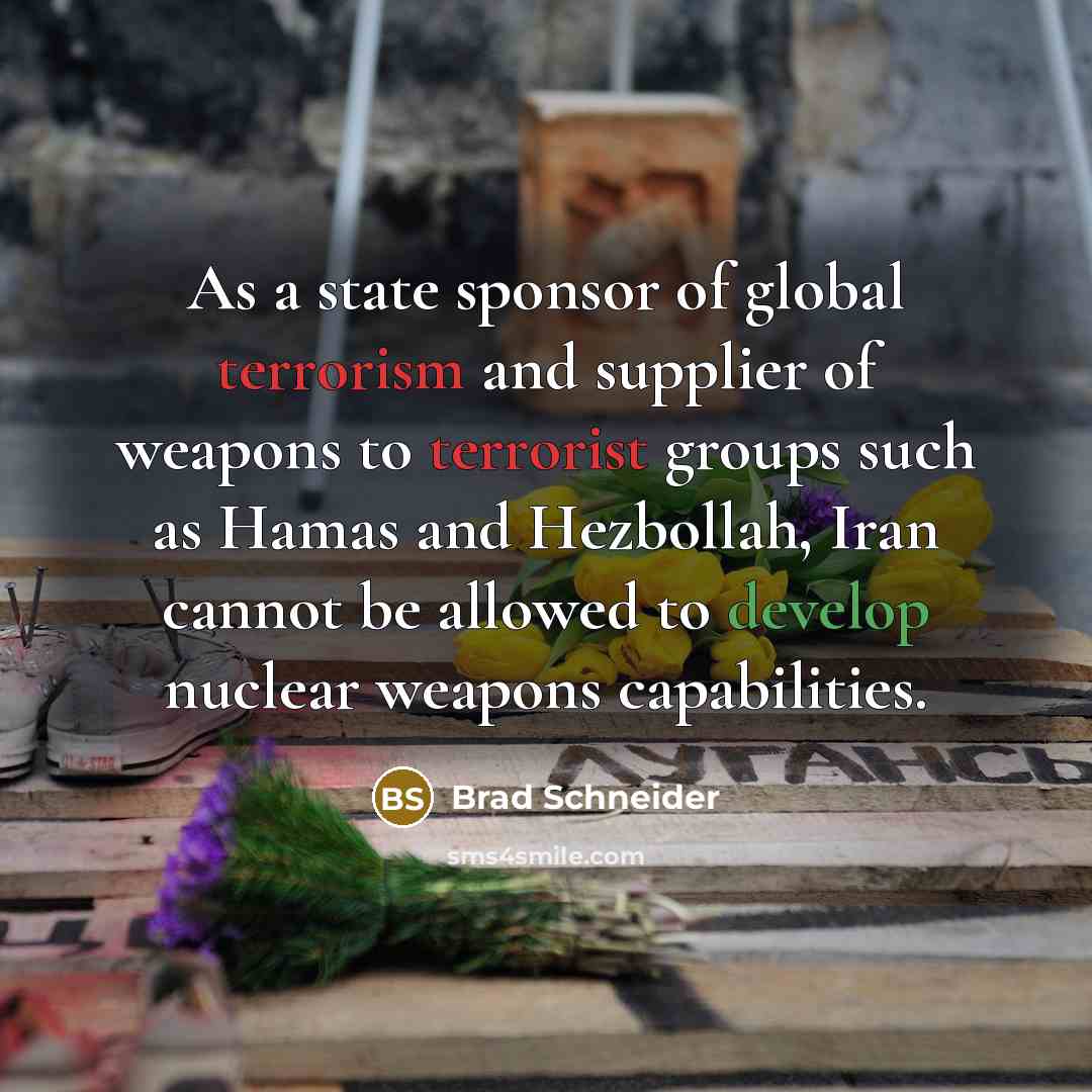 “As a state sponsor of global terrorism and supplier of weapons to terrorist groups such as Hamas and Hezbollah, Iran cannot be allowed to develop nuclear weapons capabilities.” quote by Brad Schneider