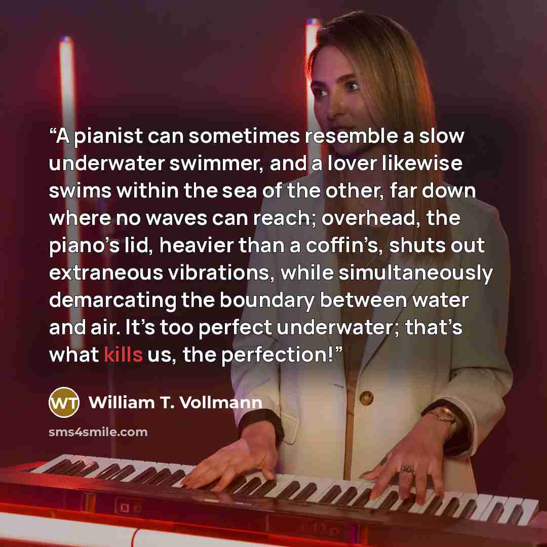 “A pianist can sometimes resemble a slow underwater swimmer, and a lover likewise swims within the sea of the other, far down where no waves can reach; overhead, the piano’s lid, heavier than a coffin’s, shuts out extraneous vibrations, while simultaneously demarcating the boundary between water…” quote by William T. Vollmann
