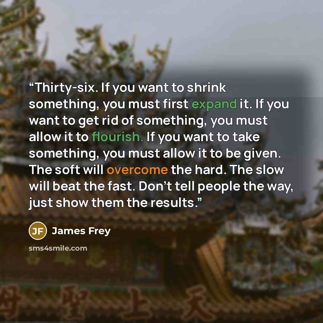 “Thirty-six. If you want to shrink something, you must first expand it. If you want to get rid of something, you must allow it to flourish. If you want to take something, you must allow it to be given. The soft will overcome the hard. The slow will beat the fast. Don't tell people the way, just…” quote by James Frey