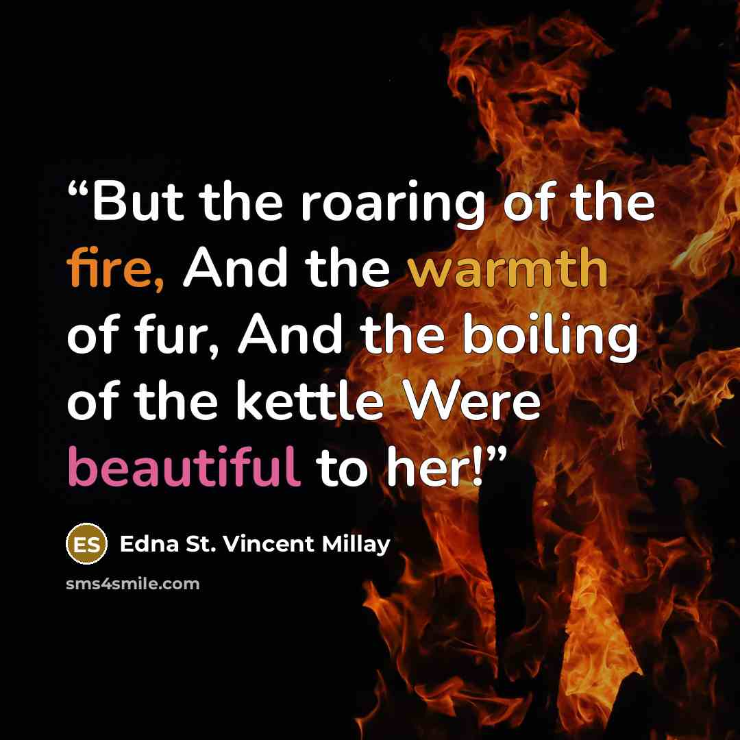 “But the roaring of the fire, And the warmth of fur, And the boiling of the kettle Were beautiful to her!” quote by Edna St. Vincent Millay