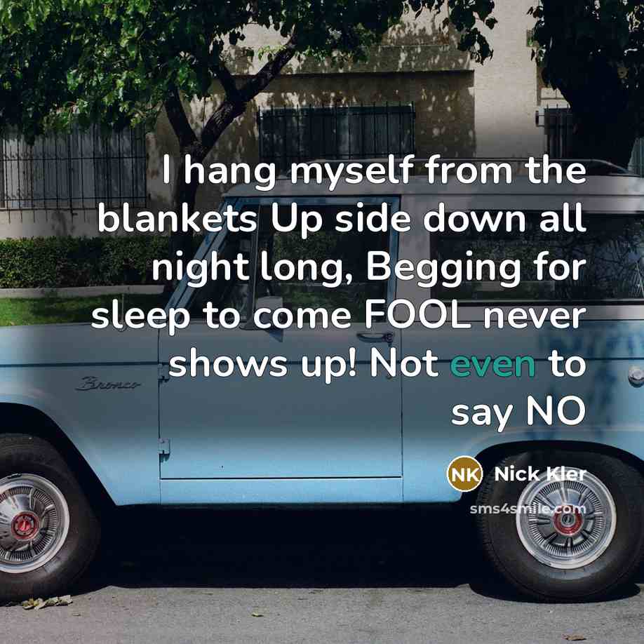 “I hang myself from the blankets Up side down all…” quote by Nick Kler