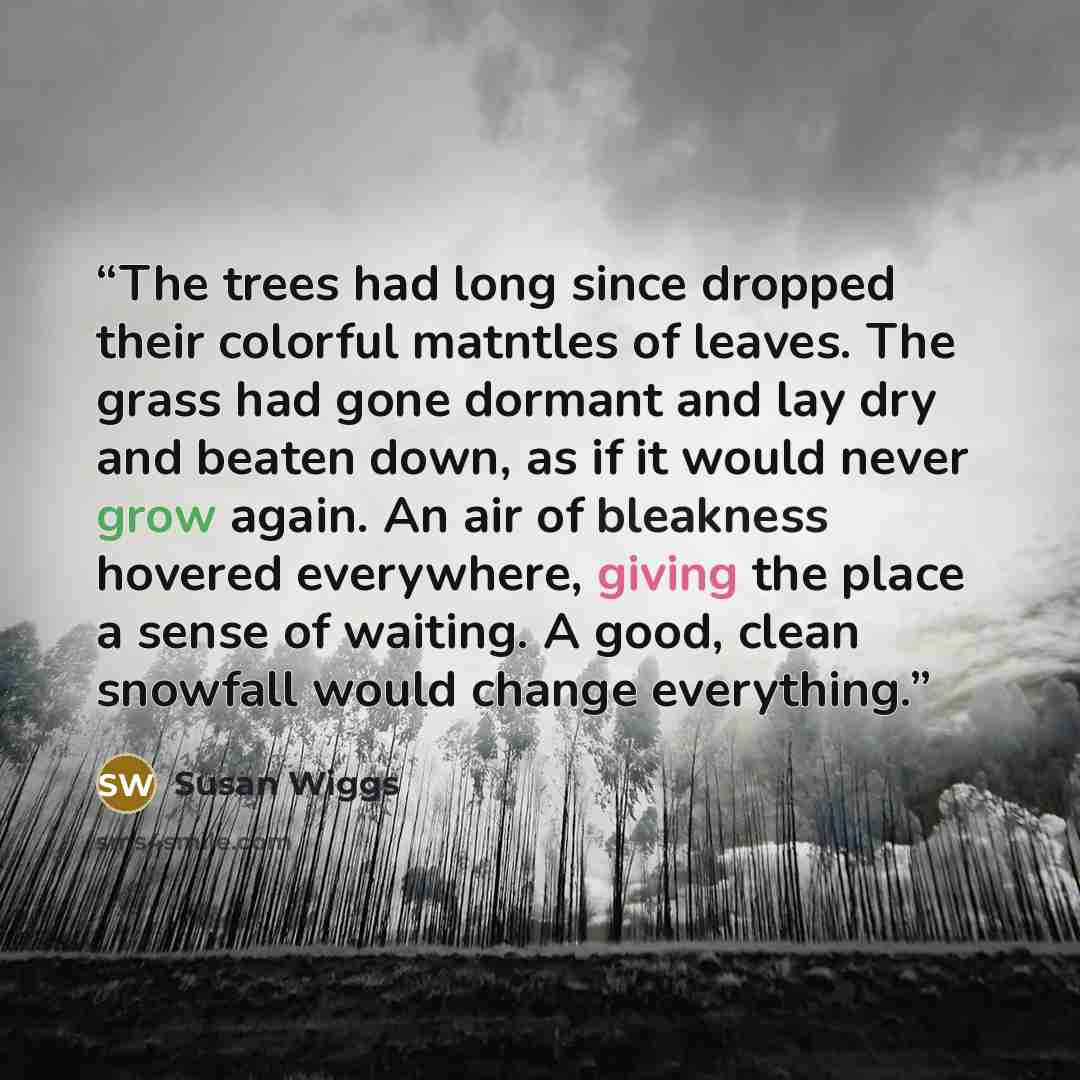 “The trees had long since dropped their colorful matntles of leaves. The grass had gone dormant and lay dry and beaten down, as if it would never grow again. An air of bleakness hovered everywhere, giving the place a sense of waiting. A good, clean snowfall would change everything.” quote by Susan Wiggs