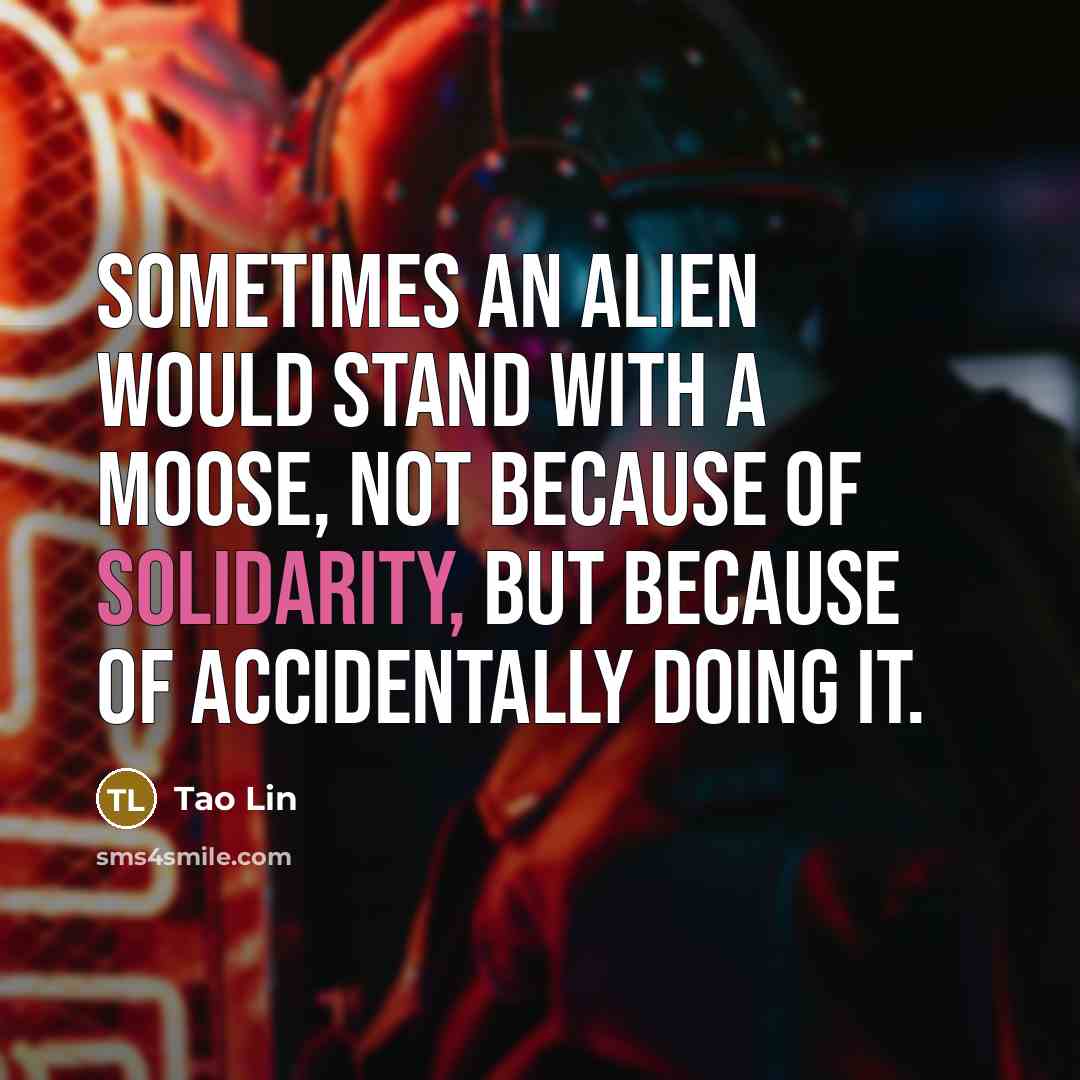 “Sometimes an alien would stand with a moose, not because…” quote by Tao Lin