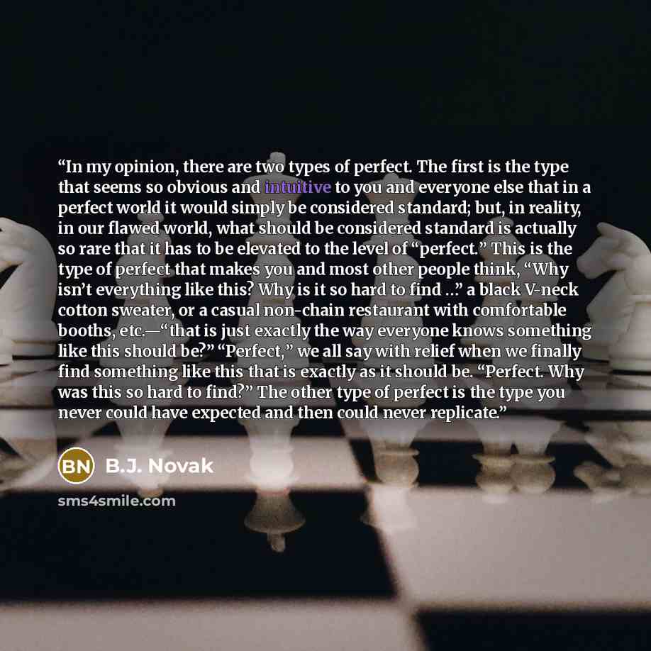 “In my opinion, there are two types of perfect. The first is the type that seems so obvious and intuitive to you and everyone else that in a perfect world it would simply be considered standard; but, in reality, in our flawed world, what should be considered standard is actually so rare that it has…” quote by B.J. Novak