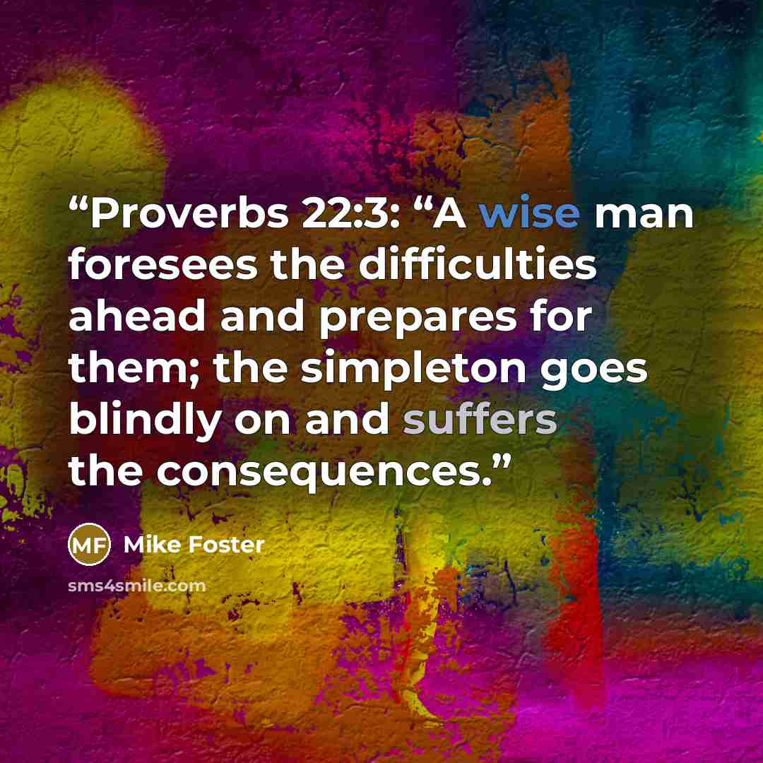 “Proverbs 22:3: “A wise man foresees the difficulties ahead and prepares for them; the simpleton goes blindly on and suffers the consequences.” quote by Mike Foster
