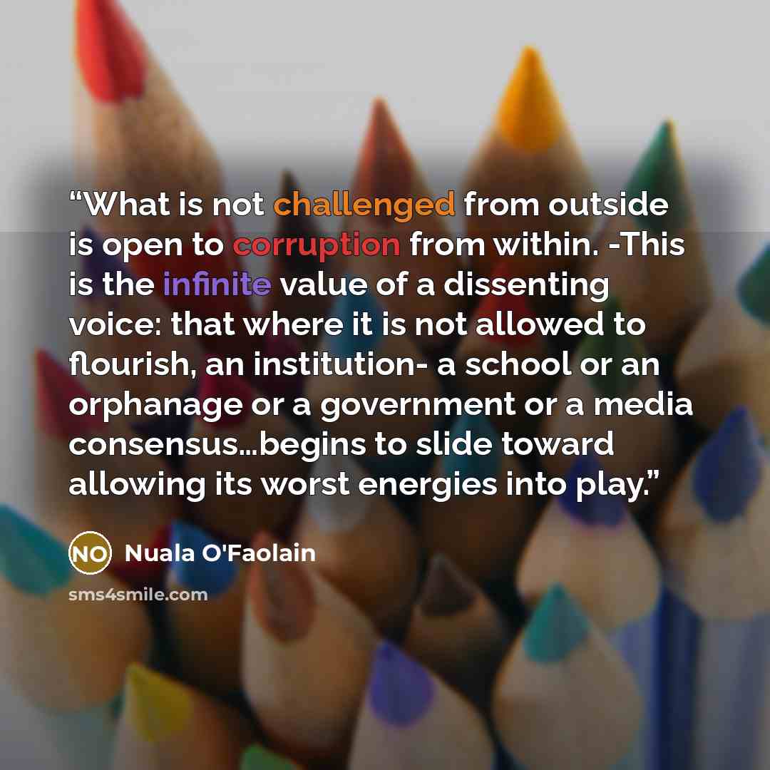 “What is not challenged from outside is open to corruption from within. -This is the infinite value of a dissenting voice: that where it is not allowed to flourish, an institution- a school or an orphanage or a government or a media consensus…begins to slide toward allowing its worst energies into…” quote by Nuala O'Faolain
