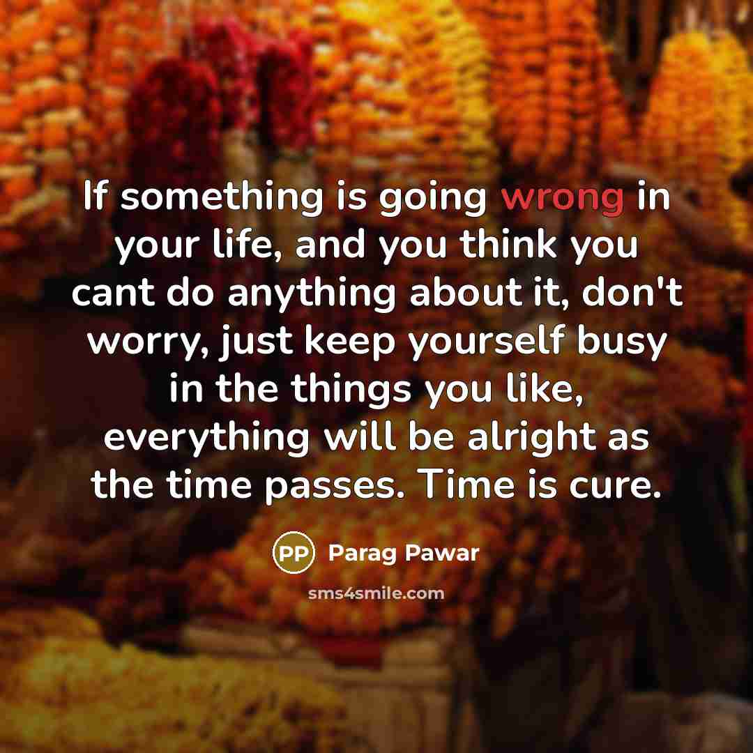 “If something is going wrong in your life, and you think you cant do anything about it, don't worry, just keep yourself busy in the things you like, everything will be alright as the time passes. Time is cure.” quote by Parag Pawar