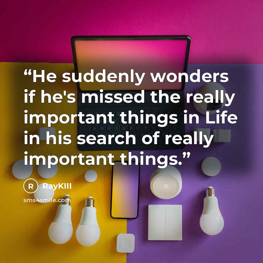 “He suddenly wonders if he's missed the really important things in Life in his search of really important things.” quote by RayKIII