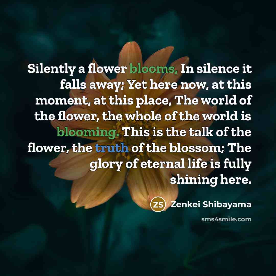 “Silently a flower blooms, In silence it falls away; Yet…” quote by Zenkei Shibayama