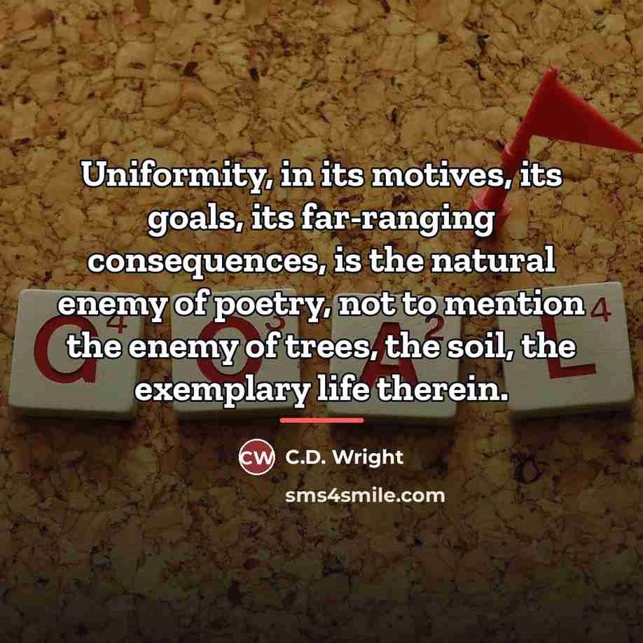 “Uniformity, in its motives, its goals, its far-ranging consequences, is…” quote by C.D. Wright