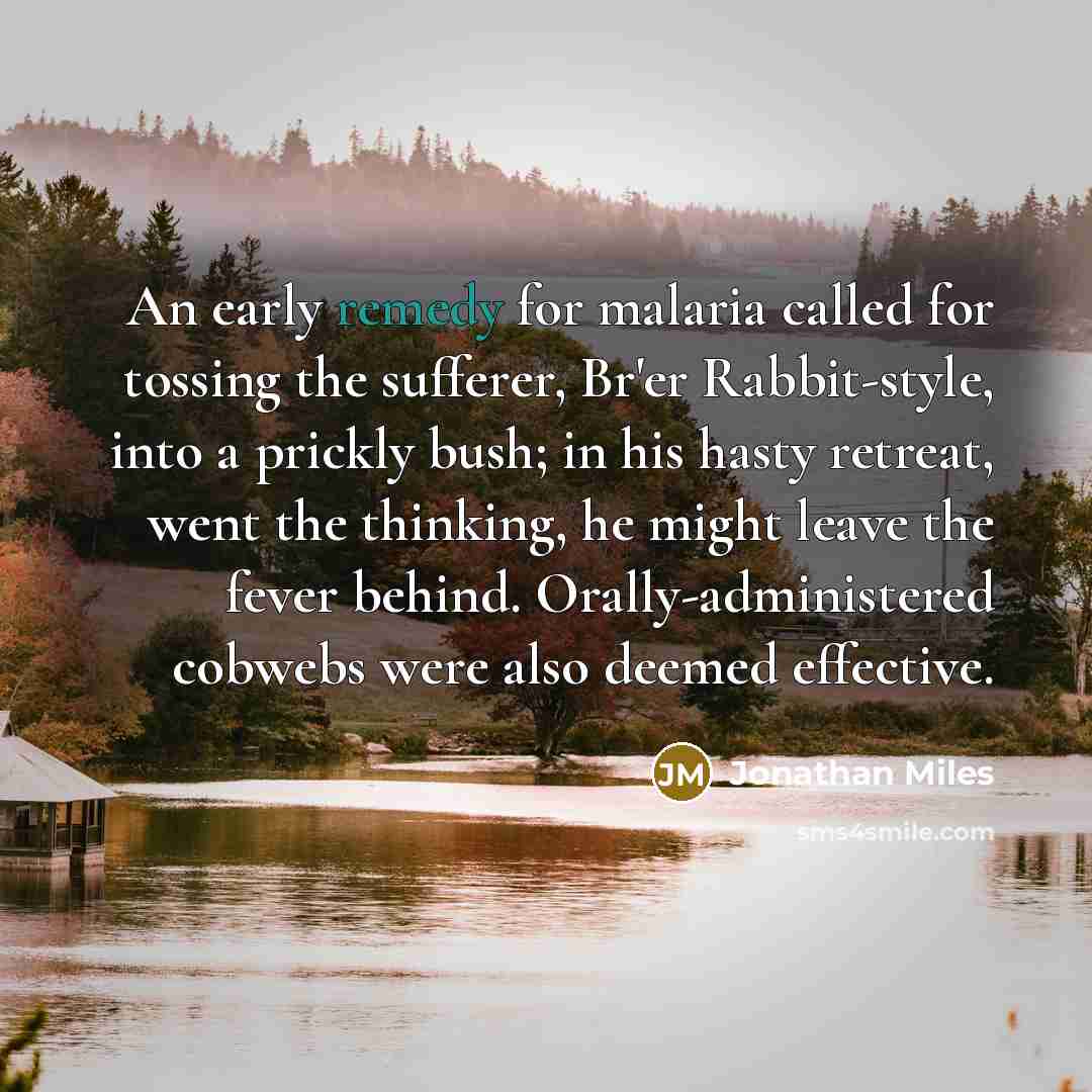 “An early remedy for malaria called for tossing the sufferer,…” quote by Jonathan Miles