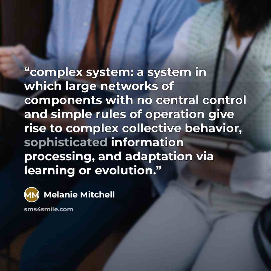 “complex system: a system in which large networks of components with no central control and simple rules of operation give rise to complex collective behavior, sophisticated information processing, and adaptation via learning or evolution.” quote by Melanie Mitchell