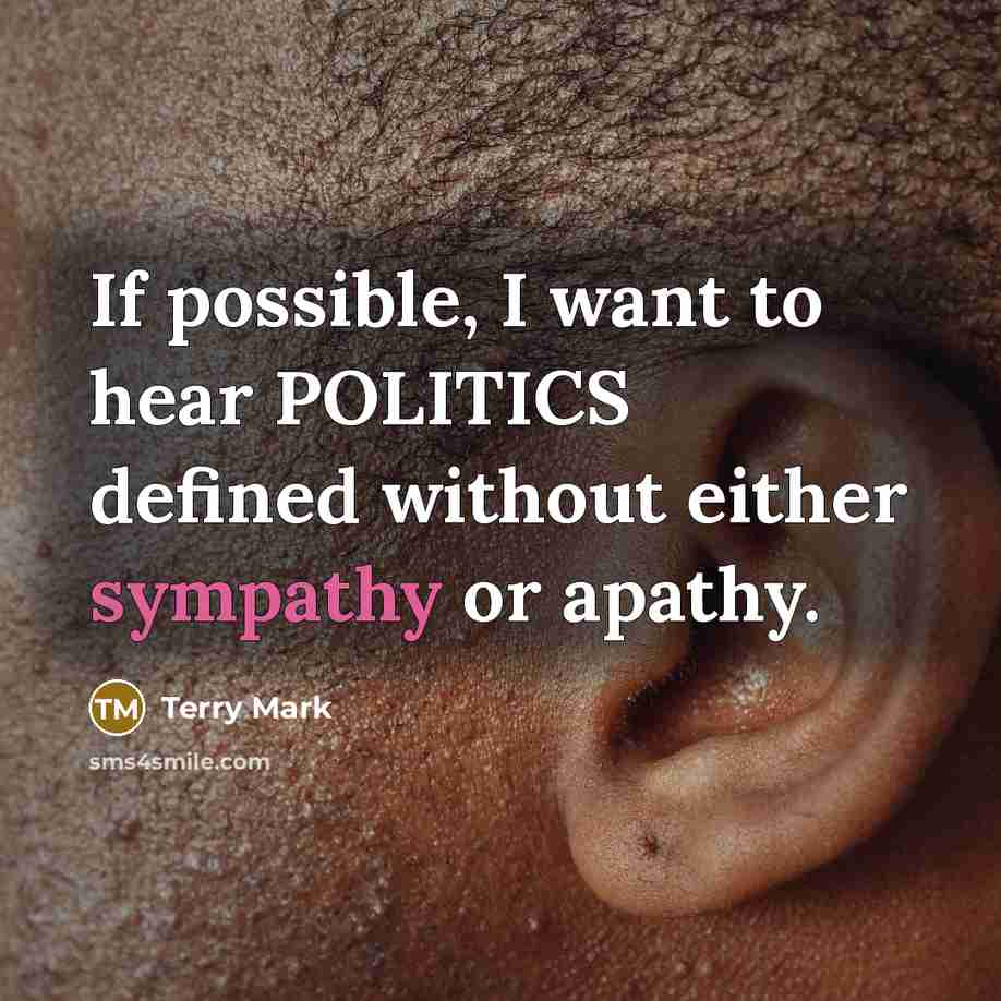 “If possible, I want to hear POLITICS defined without either sympathy or apathy.” quote by Terry Mark