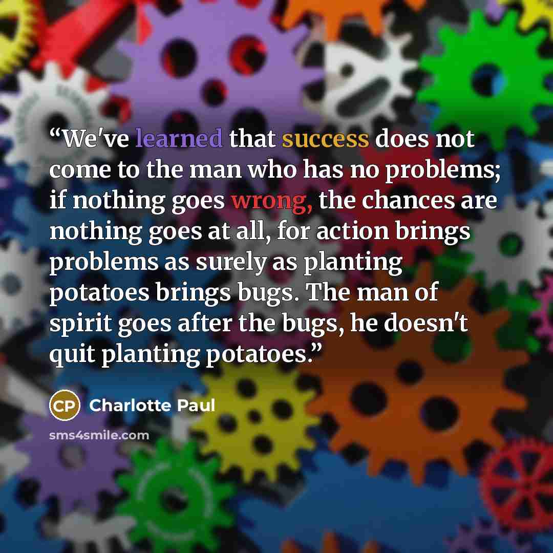 “We've learned that success does not come to the man who has no problems; if nothing goes wrong, the chances are nothing goes at all, for action brings problems as surely as planting potatoes brings bugs. The man of spirit goes after the bugs, he doesn't quit planting potatoes.” quote by Charlotte Paul