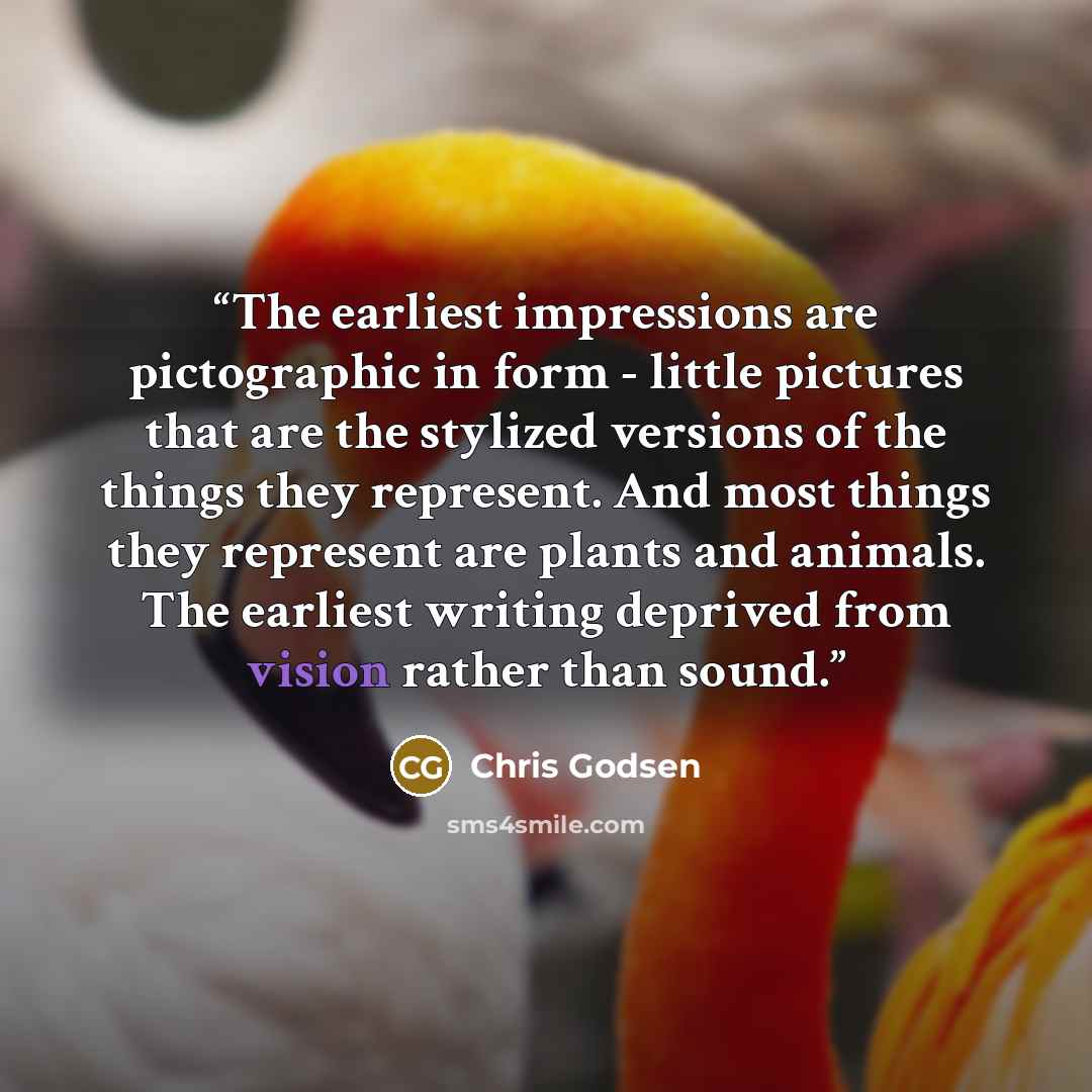 “The earliest impressions are pictographic in form - little pictures that are the stylized versions of the things they represent. And most things they represent are plants and animals. The earliest writing deprived from vision rather than sound.” quote by Chris Godsen