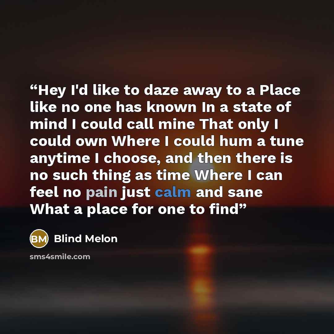 “Hey I'd like to daze away to a Place like no one has known In a state of mind I could call mine That only I could own Where I could hum a tune anytime I choose, and then there is no such thing as time Where I can feel no pain just calm and sane What a place for one to find” quote by Blind Melon