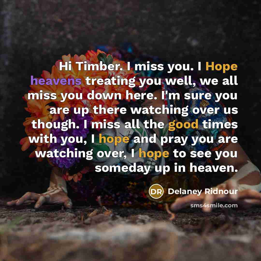 “Hi Timber. I miss you. I Hope heavens treating you…” quote by Delaney Ridnour
