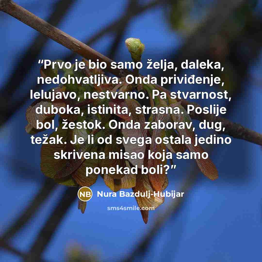 “Prvo je bio samo želja, daleka, nedohvatljiva. Onda priviđenje, lelujavo, nestvarno. Pa stvarnost, duboka, istinita, strasna. Poslije bol, žestok. Onda zaborav, dug, težak. Je li od svega ostala jedino skrivena misao koja samo ponekad boli?” quote by Nura Bazdulj-Hubijar
