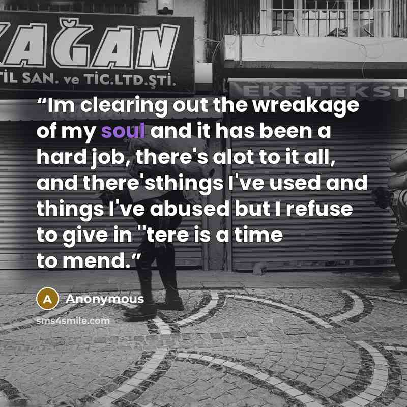“Im clearing out the wreakage of my soul and it has been a hard job, there's alot to it all, and there'sthings I've used and things I've abused but I refuse to give in ''tere is a time to mend.” quote by Anonymous