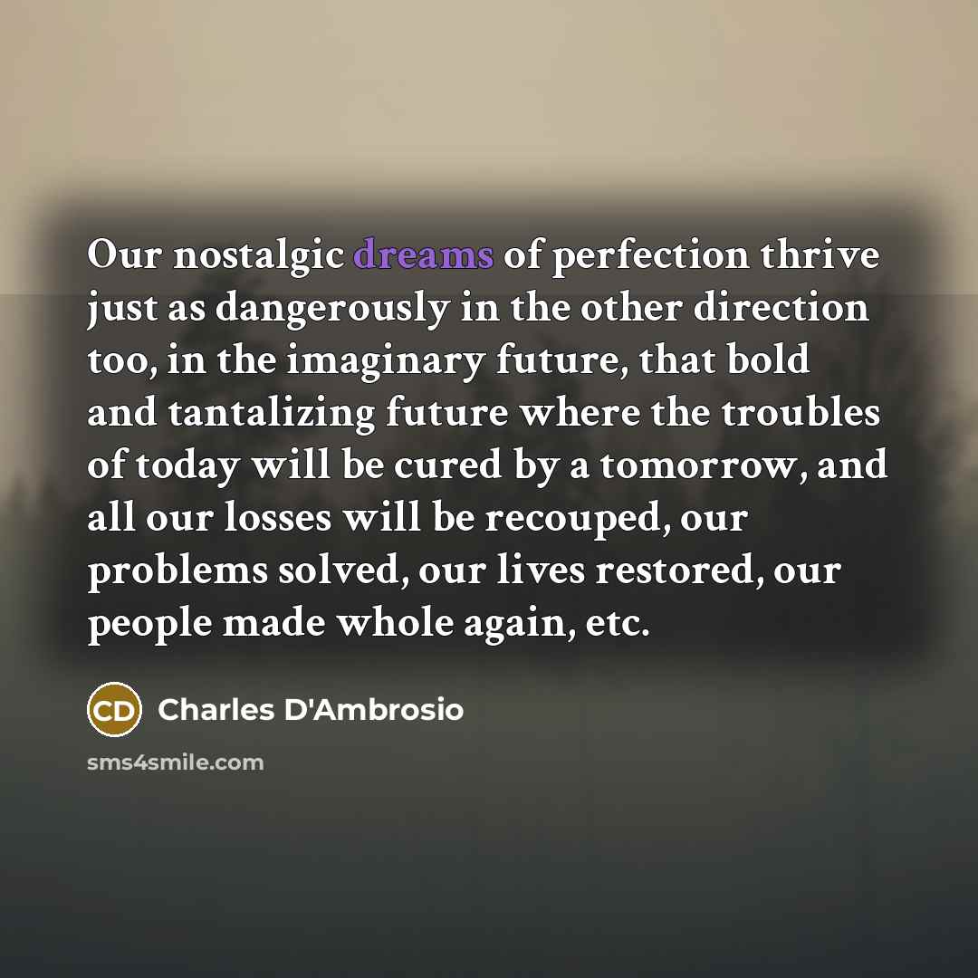 “Our nostalgic dreams of perfection thrive just as dangerously in…” quote by Charles D'Ambrosio