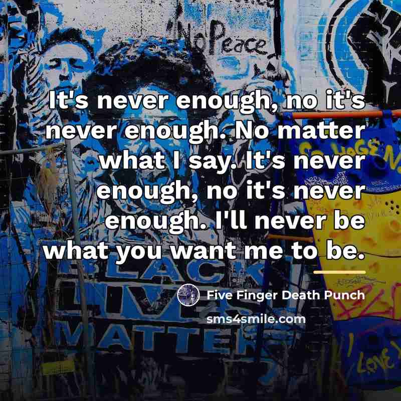 “It's never enough, no it's never enough. No matter what…” quote by Five Finger Death Punch
