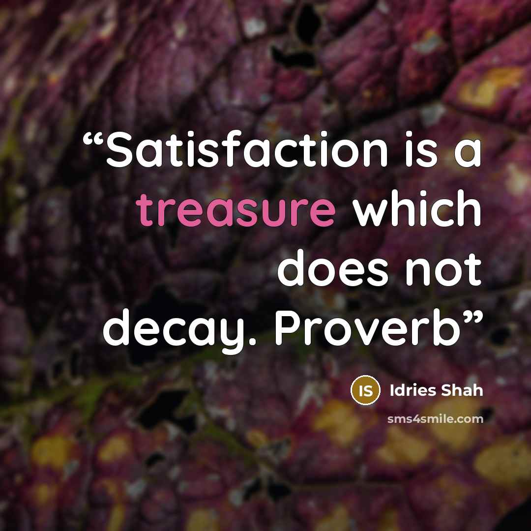 “Satisfaction is a treasure which does not decay. Proverb” quote by Idries Shah