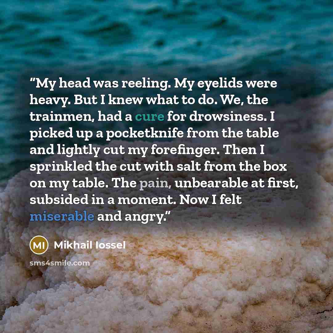 “My head was reeling. My eyelids were heavy. But I knew what to do. We, the trainmen, had a cure for drowsiness. I picked up a pocketknife from the table and lightly cut my forefinger. Then I sprinkled the cut with salt from the box on my table. The pain, unbearable at first, subsided in a moment…” quote by Mikhail Iossel