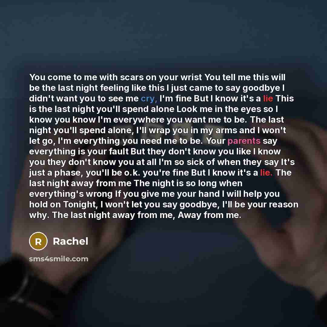 “You come to me with scars on your wrist You tell me this will be the last night feeling like this I just came to say goodbye I didn't want you to see me cry, I'm fine But I know it's a lie This is the last night you'll spend alone Look me in the eyes so I know you know I'm everywhere you want me…” quote by Rachel