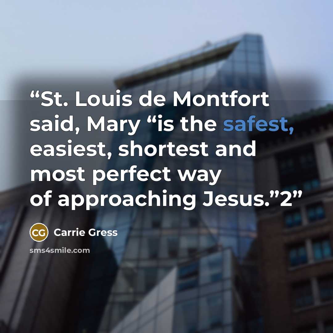 “St. Louis de Montfort said, Mary “is the safest, easiest, shortest and most perfect way of approaching Jesus.”2” quote by Carrie Gress
