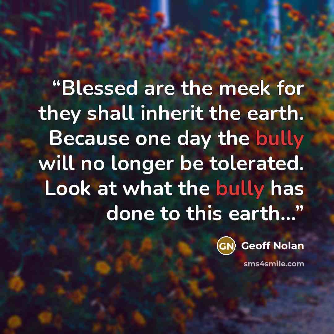 “Blessed are the meek for they shall inherit the earth. Because one day the bully will no longer be tolerated. Look at what the bully has done to this earth…” quote by Geoff Nolan