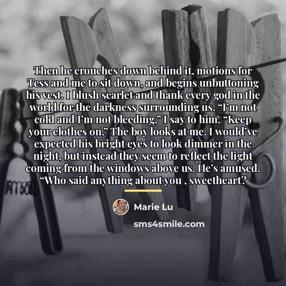 “Then he crouches down behind it, motions for Tess and…” quote by Marie Lu