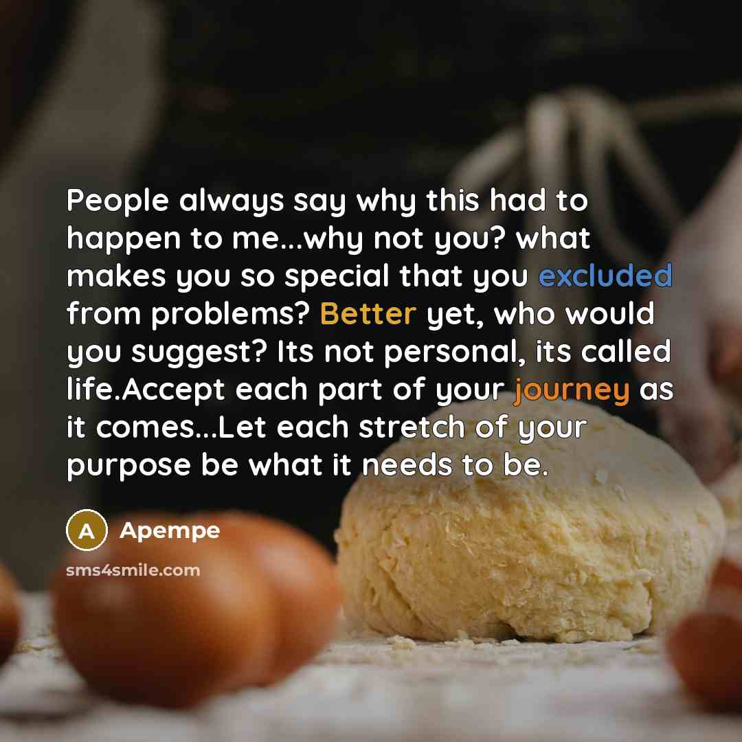 “People always say why this had to happen to me...why not you? what makes you so special that you excluded from problems? Better yet, who would you suggest? Its not personal, its called life.Accept each part of your journey as it comes...Let each stretch of your purpose be what it needs to be.” quote by Apempe