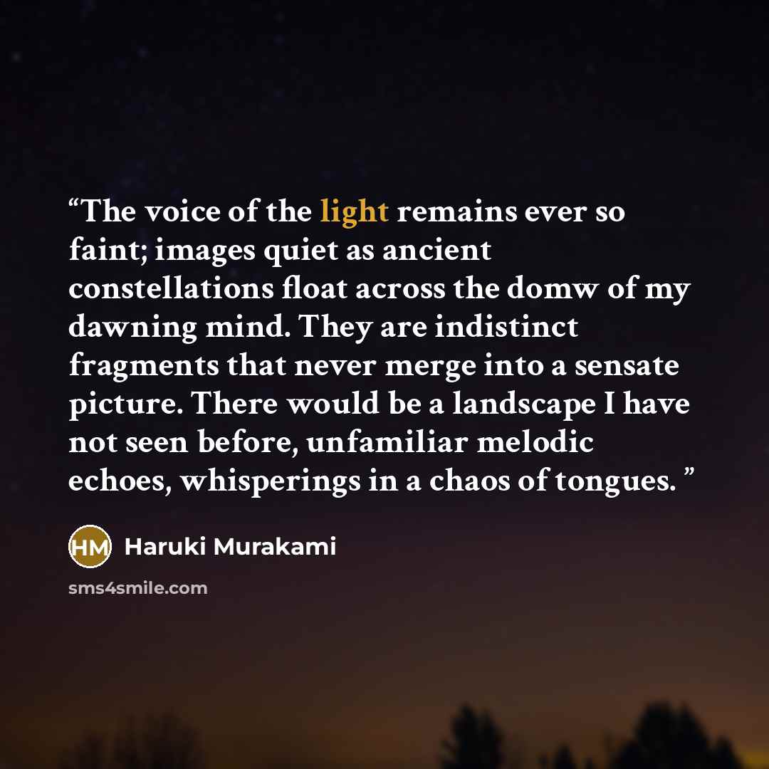 “The voice of the light remains ever so faint; images quiet as ancient constellations float across the domw of my dawning mind. They are indistinct fragments that never merge into a sensate picture. There would be a landscape I have not seen before, unfamiliar melodic echoes, whisperings in a chaos…” quote by Haruki Murakami
