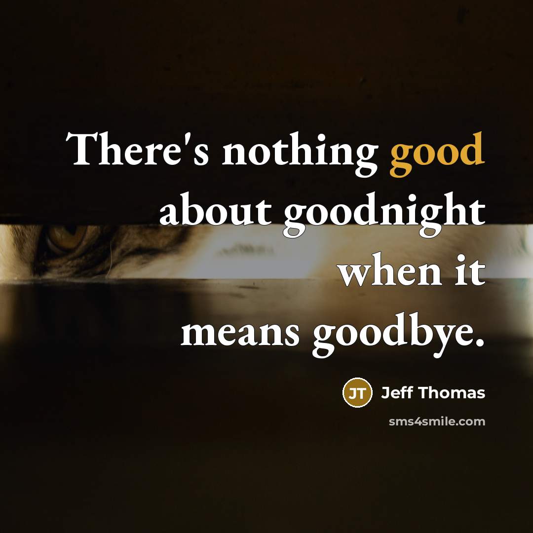 “There's nothing good about goodnight when it means goodbye.” quote by Jeff Thomas