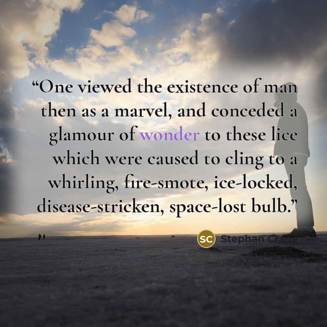 “One viewed the existence of man then as a marvel, and conceded a glamour of wonder to these lice which were caused to cling to a whirling, fire-smote, ice-locked, disease-stricken, space-lost bulb.” quote by Stephan Crane