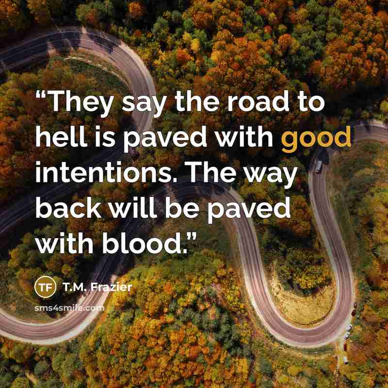 “They say the road to hell is paved with good intentions. The way back will be paved with blood.” quote by T.M. Frazier