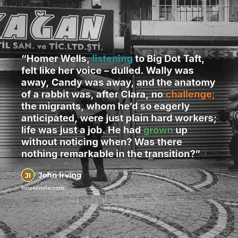 “Homer Wells, listening to Big Dot Taft, felt like her voice – dulled. Wally was away, Candy was away, and the anatomy of a rabbit was, after Clara, no challenge; the migrants, whom he’d so eagerly anticipated, were just plain hard workers; life was just a job. He had grown up without noticing…” quote by John Irving