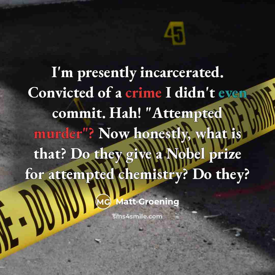 “I'm presently incarcerated. Convicted of a crime I didn't even commit. Hah! "Attempted murder"? Now honestly, what is that? Do they give a Nobel prize for attempted chemistry? Do they?” quote by Matt Groening