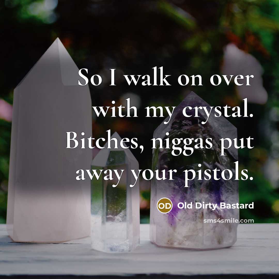 “So I walk on over with my crystal. Bitches, niggas put away your pistols.” quote by Old Dirty Bastard