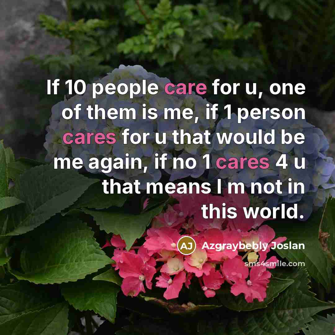 “If 10 people care for u, one of them is me, if 1 person cares for u that would be me again, if no 1 cares 4 u that means I m not in this world.” quote by Azgraybebly Joslan