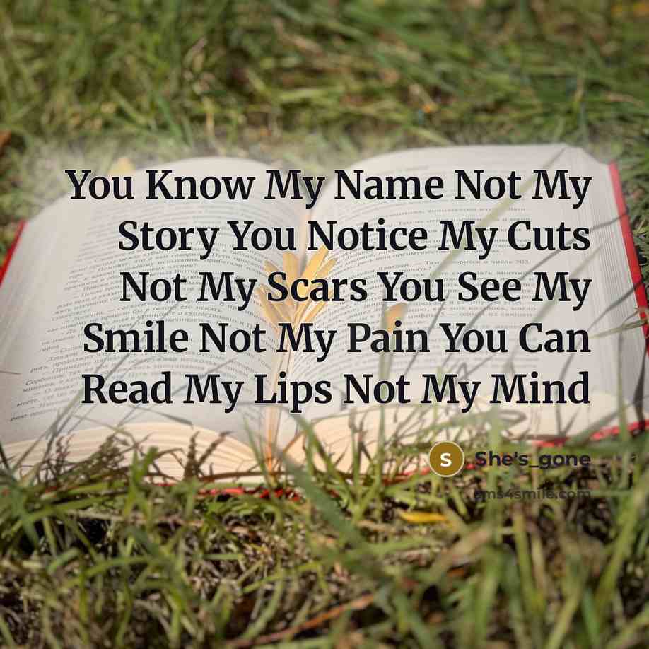 “You Know My Name Not My Story You Notice My Cuts Not My Scars You See My Smile Not My Pain You Can Read My Lips Not My Mind” quote by She's_gone