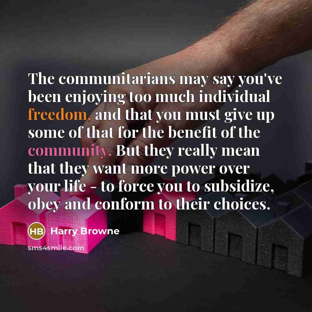 “The communitarians may say you've been enjoying too much individual…” quote by Harry Browne